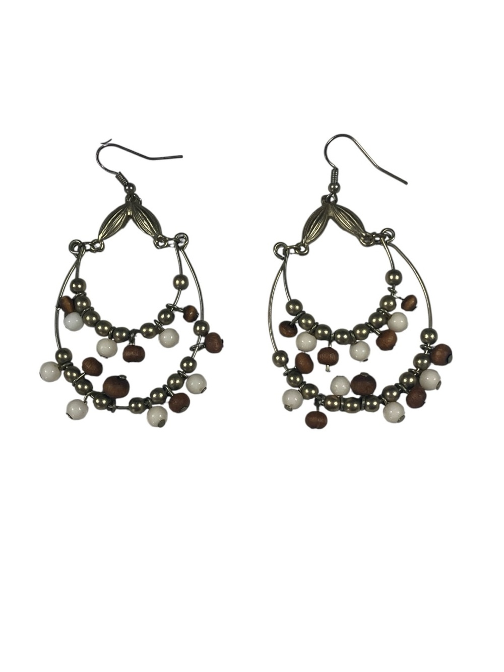 Brass Brown White Beaded Teardrop Double Hoop Dangle Hook Earrings Boho